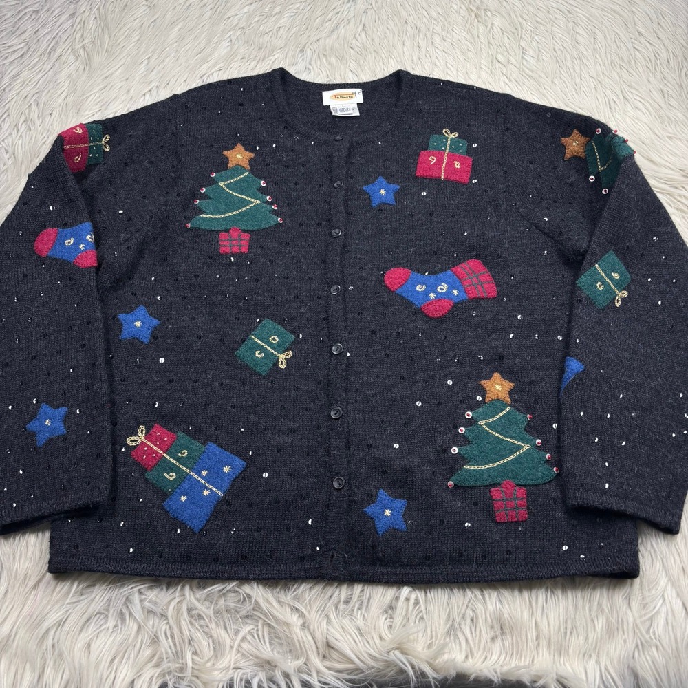 Vintage Talbots Women's L Gray Christmas Motif Cardigan‎ Beaded Sequin Sparkle